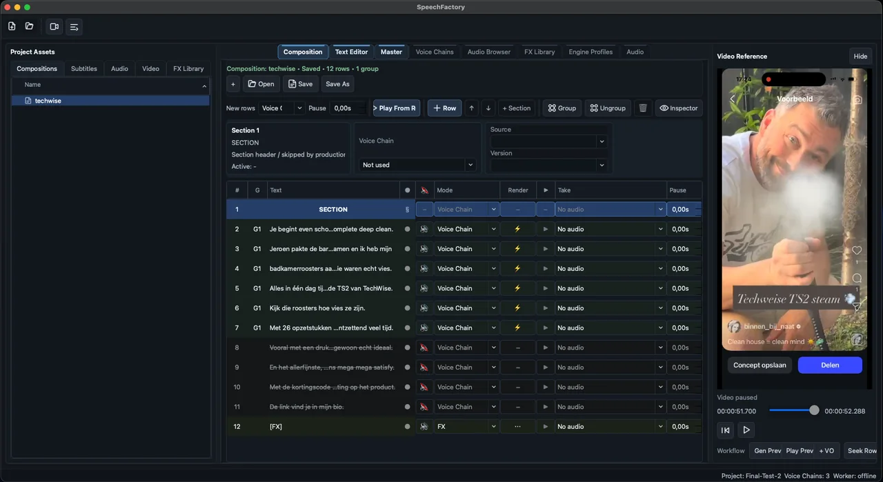 Speech Factory composition workspace with rows of scripted speech and a Video Reference panel.